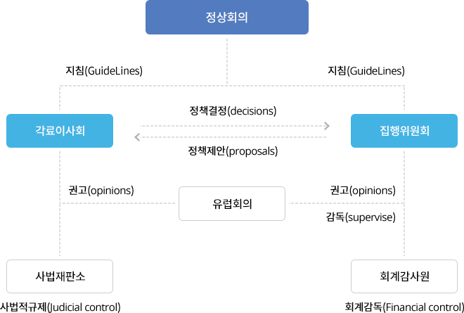 정상회의,
지침(GuideLines),
지침(GuideLines),
정책결정(decisions),
각료이사회,
집행위원회,
정책제안(proposals),
권고(opinions),
권고(opinions),
유럽회의,
감독(supervise),
사법재판소,
회계감사원,
사법적규제(Judicial control),
회계감독(Financial control)
